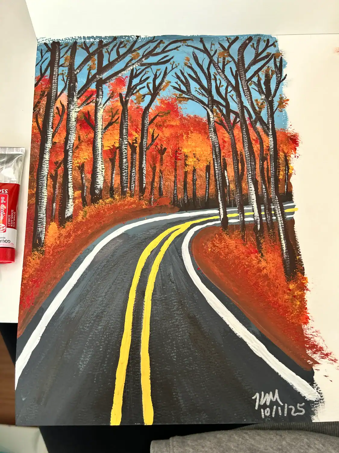 My first ever gouache painting of an autumn road