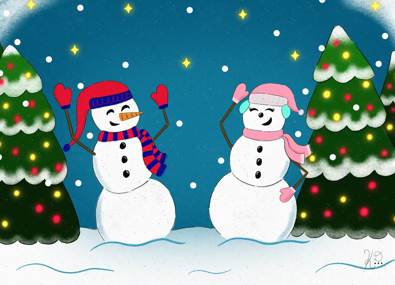My illustration of two snow people dancing for my first ever art challenge to demonstrate it is possible to complete an art challenge when you're still a new artist